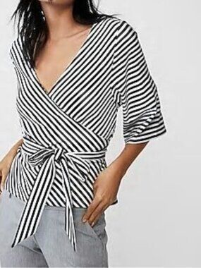 Express Black and White Stripe Kimono Sleeve Wrap Blouse Small NWOT